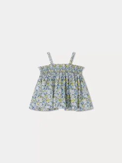Bonpoint Blouse Smockee Abricot Fleur Bleu |Newborn & Baby Tops