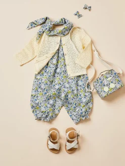 Bonpoint Salopette Smockee Lilisy Fleur Bleu |Newborn & Baby Bloomers, Shorts, And Pants